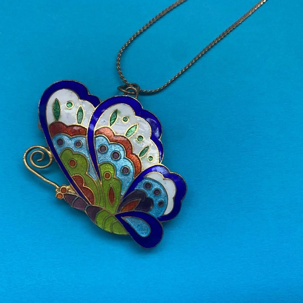 70s butterfly pendant gold tone necklace cloisonne enamel blue green vintage EUC - Picture 9 of 14